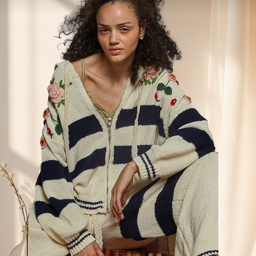 POL The Gardenstripe 3D Embroidered Flowers Hoodie | Cream + Navy Stripes - Picture 1 of 7